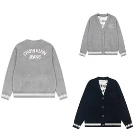Calvin Klein (CK) Letter Jacquard Color Block Button V-Neck Knit Cardigan-6373  